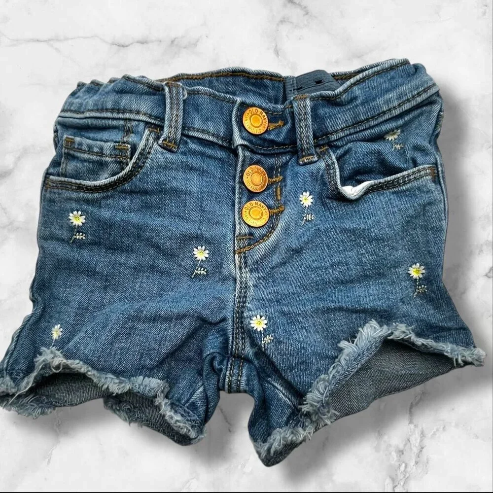 Old Navy Toddler Girls 4T Adjustable Denim Daisy-Embroidered Frayed Hem Shorts